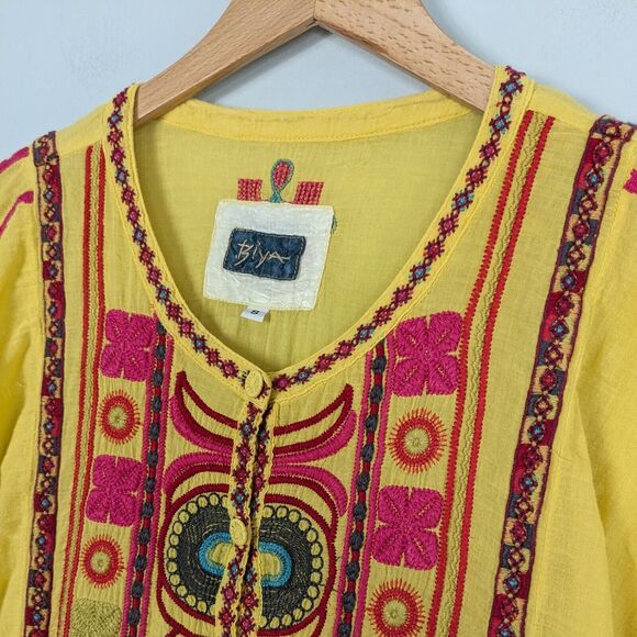 Biya Johnny Was Top S Yellow Tunic Shirt Short Sleeve Embroidered Boho Festival - Picture 5 of 12